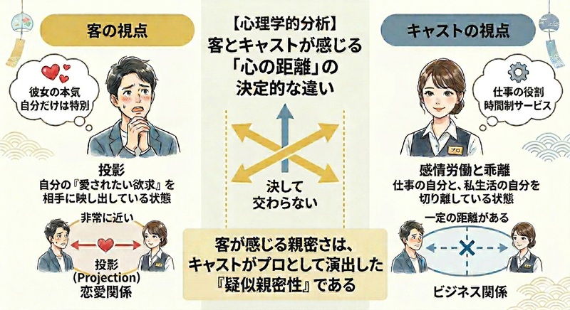 【図解】風俗嬢を好きになった男性の『投影』とキャストの『感情労働』による、心の距離のズレ。心理学的アプローチ。