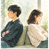 ソファで背を向け合う男女のイラスト