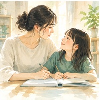 母と子が一緒にノートに向かうイラスト