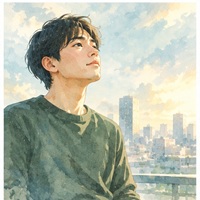 街を背景に空を見上げる男性のイラスト