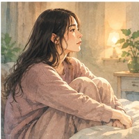 ベッドで膝を抱えて物思いにふける女性のイラスト
