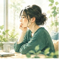 窓辺で頬杖をついて考え込む女性のイラスト
