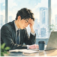 職場で頭を抱えるスーツ姿の男性のイラスト